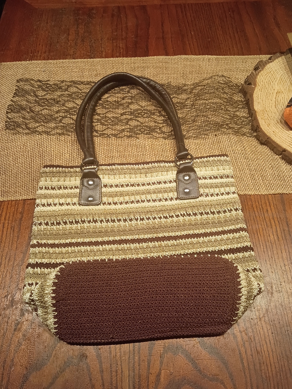 Source Unknown Beige and Brown Striped Woven Tote